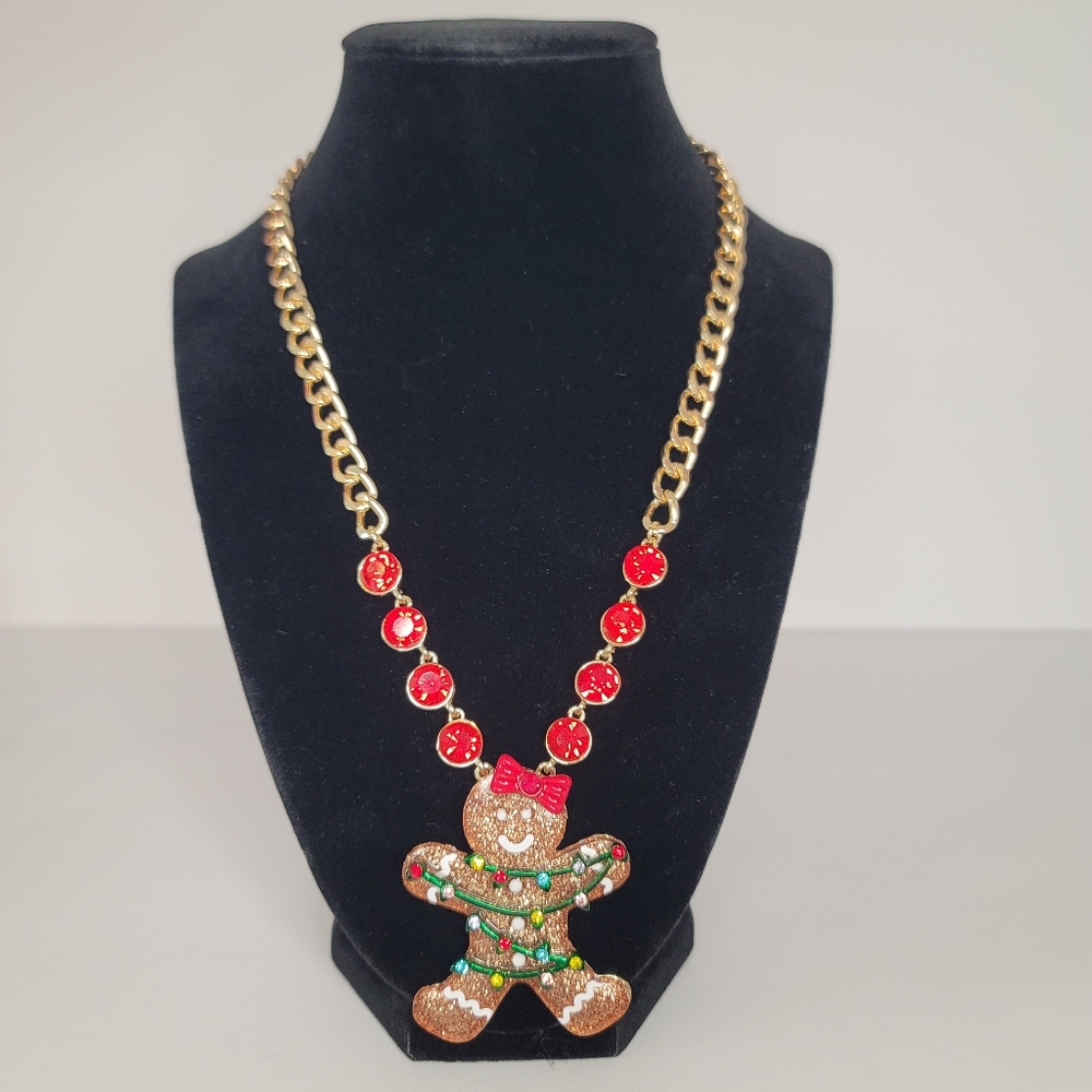 Betsey Johnson Gingerbread Girl Necklace & Earrings w/ red & green rhinestones - Picture 8 of 13